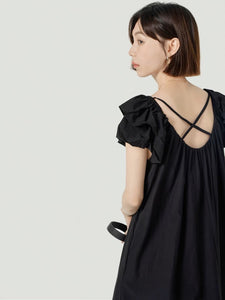 2-Way Flutter Sleeve Midi Pocket Dress in Black