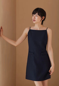 Cotton Linen Bow Pocket Shift Dress in Black