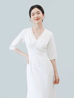 Load image into Gallery viewer, Tailored Button Mermaid Midi Dress in White
