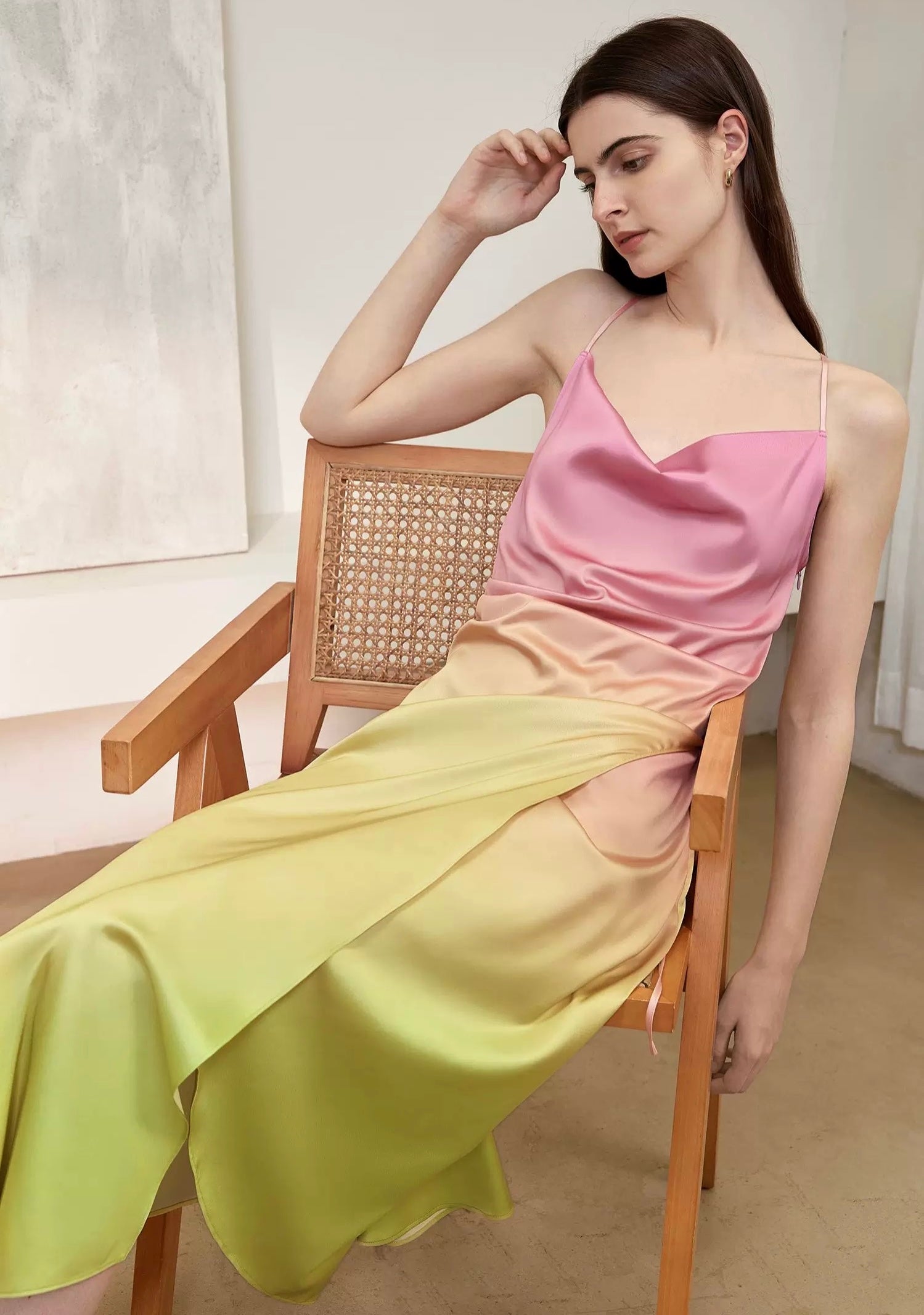 Ombre Drape Wrap Cami Dress in Pink/Yellow