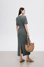 Load image into Gallery viewer, Padded Shoulder Cape Cutout Maxi Dress in Grey
