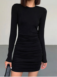 Mini Shirring Bodycon Dress in Black