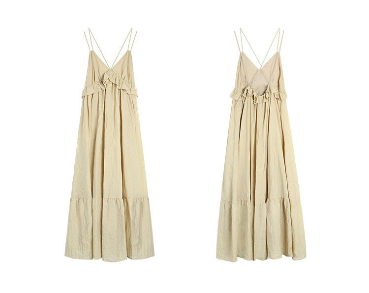 Drop Cross Back Maxi Dress in Beige