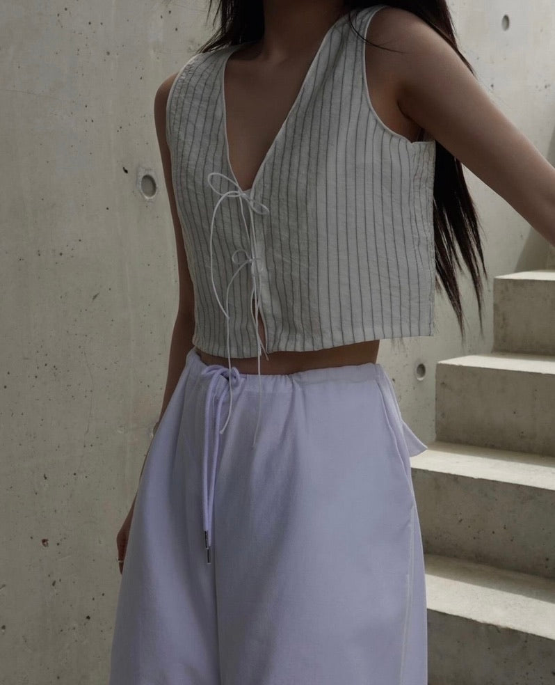 Korean Striped Ribbon Tie Top in Cream