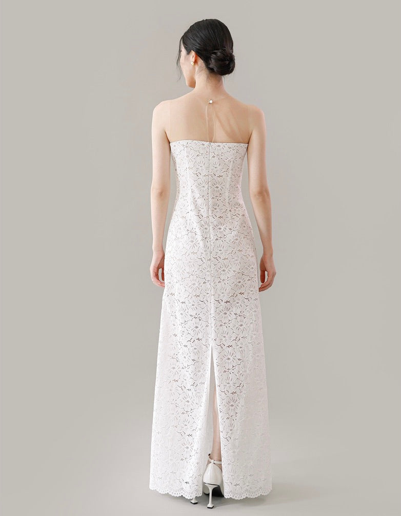 Floral Lace Bustier Maxi Dress in White