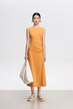Load image into Gallery viewer, Sleeveless Side Shirring Midi Dress in Mustard
