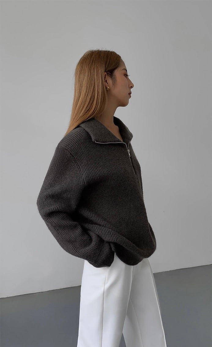 Half Zip Relaxed Knitted Sweater in Grey