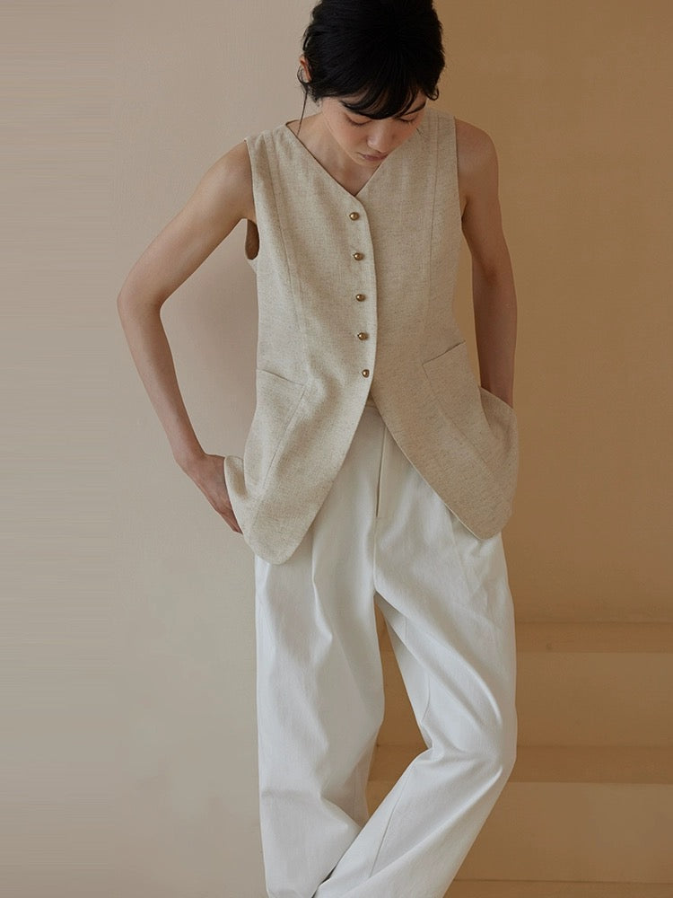 Linen Long Pocket Vest in Beige