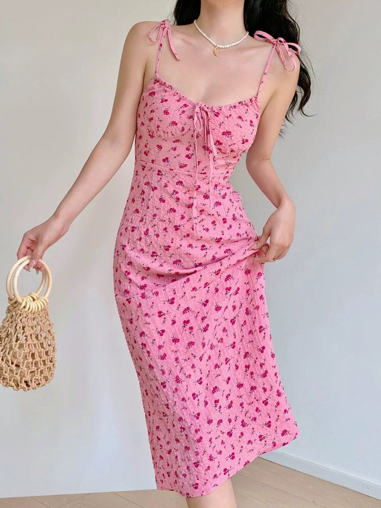 Textured Floral Tie Strap Dress in Pink