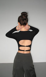 Load image into Gallery viewer, Cutout Back Double Buckle Long Sleeve Top in Black
