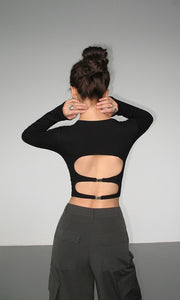 Cutout Back Double Buckle Long Sleeve Top in Black