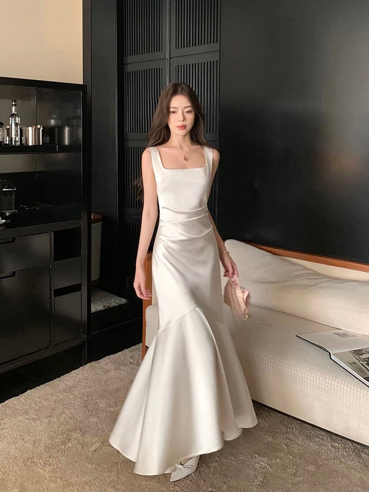 square neck mermaid dress Square Neck Mermaid Satin Gown in Champagne – LEXI + LOU
