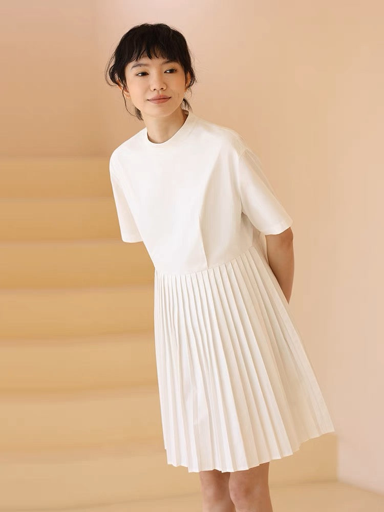 Pleated Sleeve Dress in White