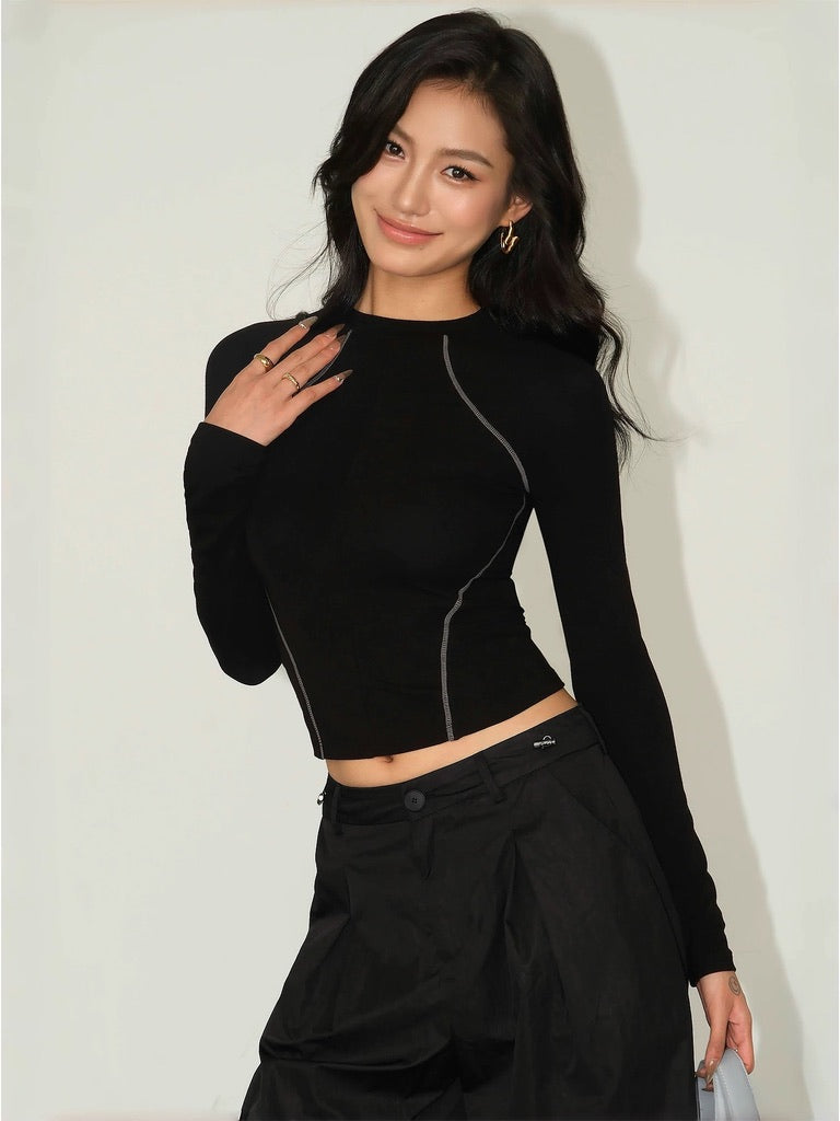 Contrast Stitch Long Sleeve Top [2 Colours]