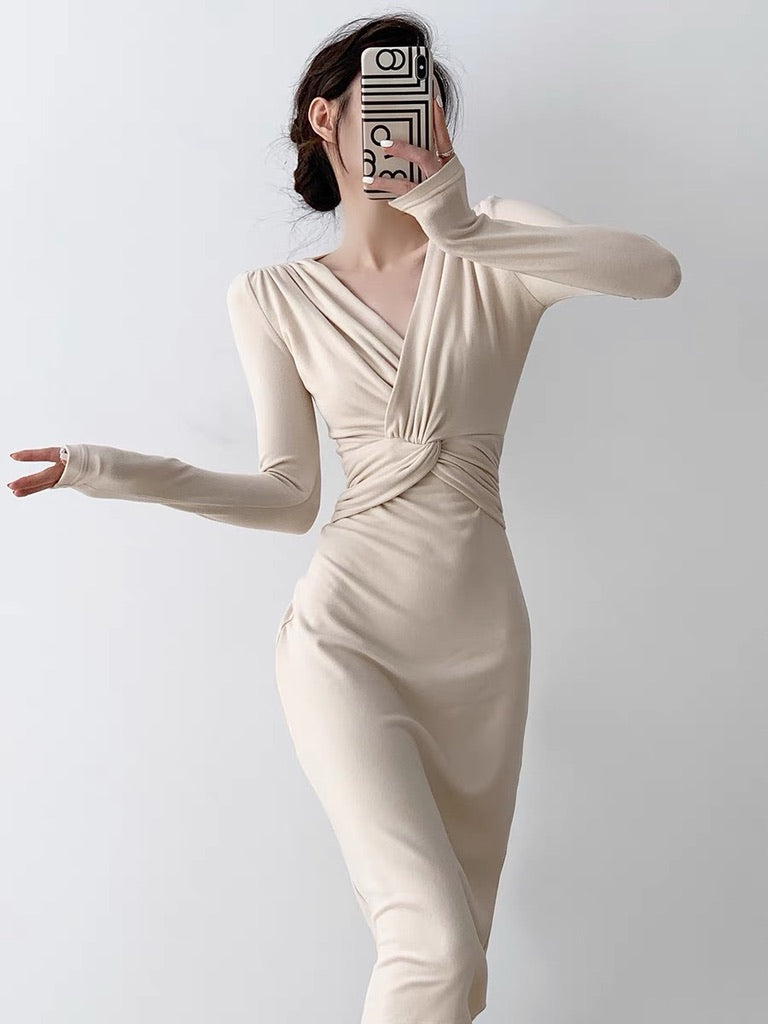 Long Sleeve Mid Twist Midi Dress in Beige