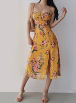 Load image into Gallery viewer, Hera Floral Tie Strap Slit Dress in Yellow
