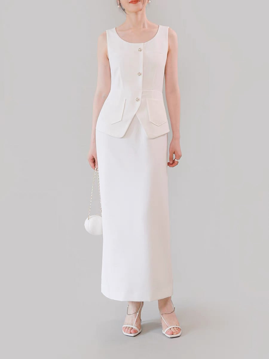 Tailored Maxi Sleeveless Suit Dress in White