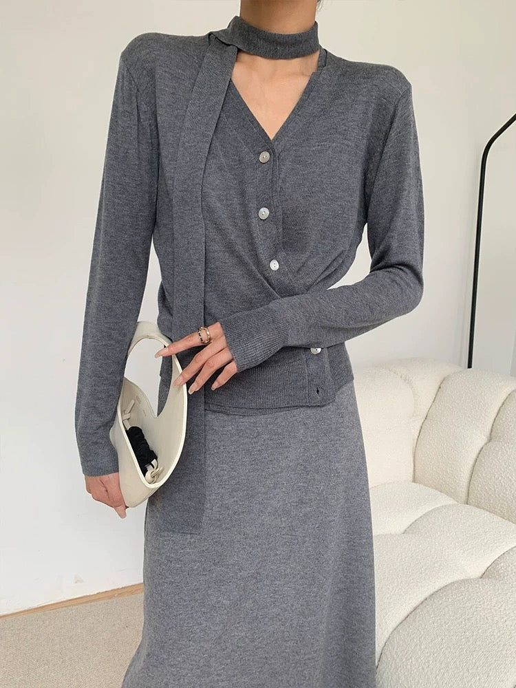 Light Knit Cardigan + Neck Tie in Grey