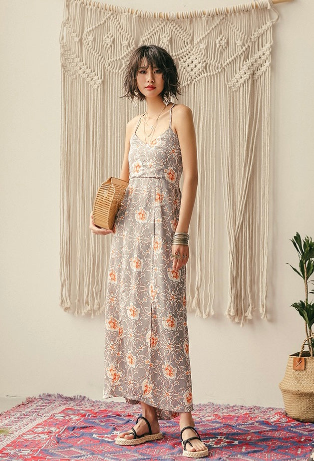 Floral Criss Cross Back Maxi Dress in Grey