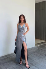 Load image into Gallery viewer, High Slit Wrap Cami Maxi Dress in Silver
