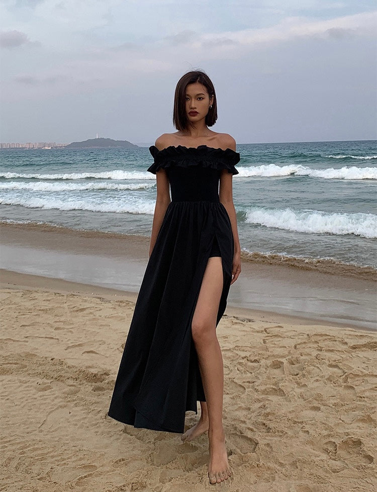 Ruffle Off Shoulder High Slit Maxi Dress in Black – LEXI LOU