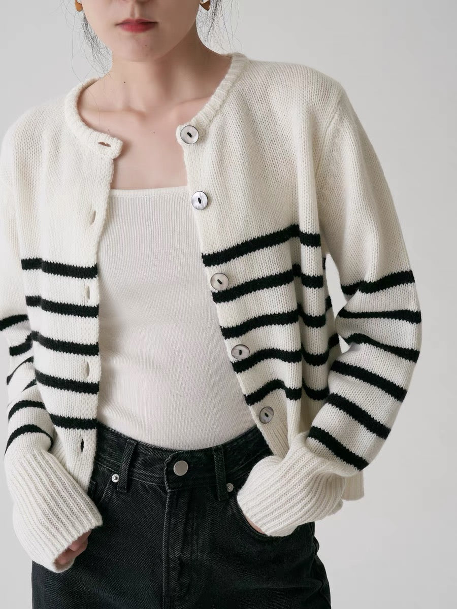 Mid Stripe Wool Cardigan in White