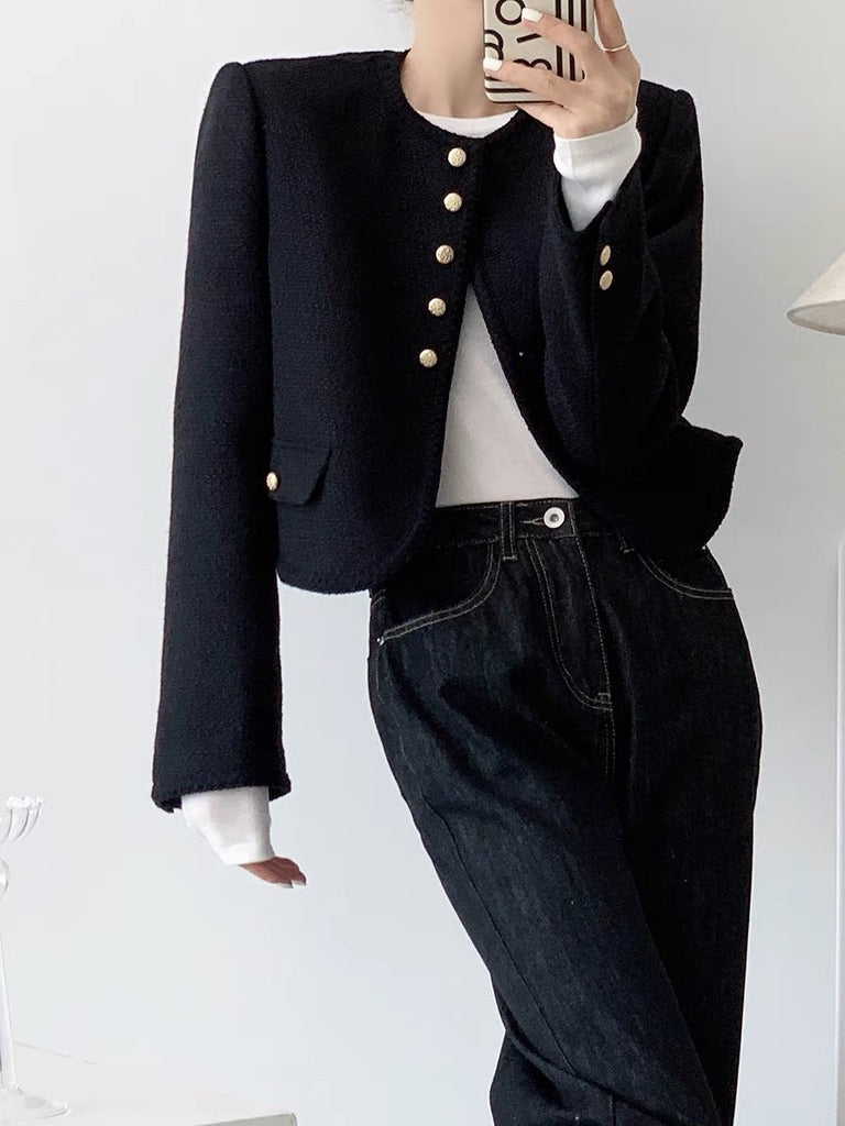 Mini Button Curve Tweed Jacket in Black