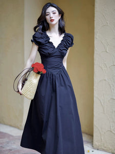 Puff Sleeve Pocket Maxi Dress in Black