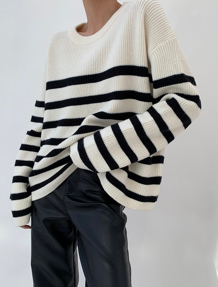 Oversized Ribbed Striped Sweater in White