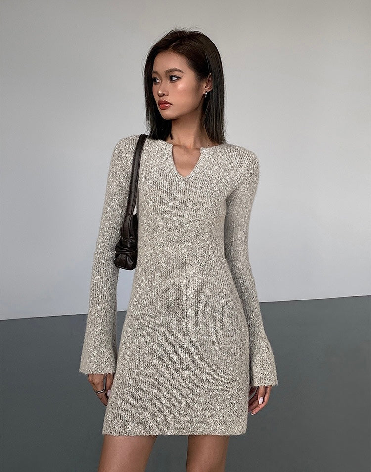 Melange Knitted Mini Dress in Greige