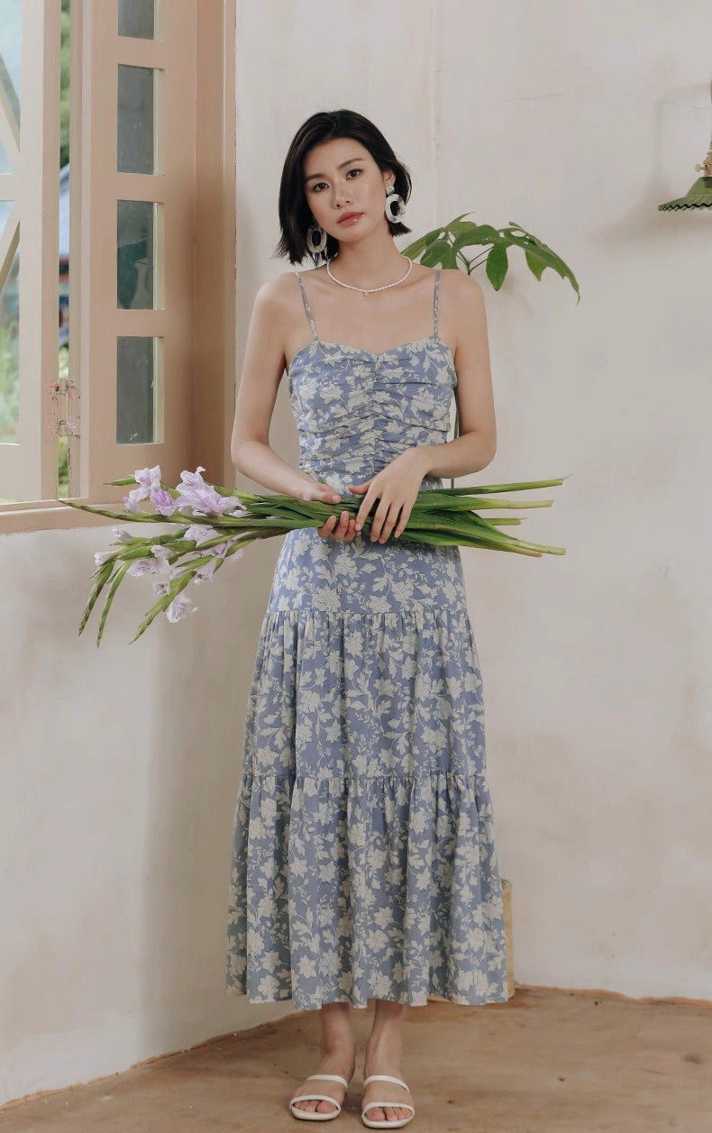 Tie Back Floral Panel Maxi Dress in Blue