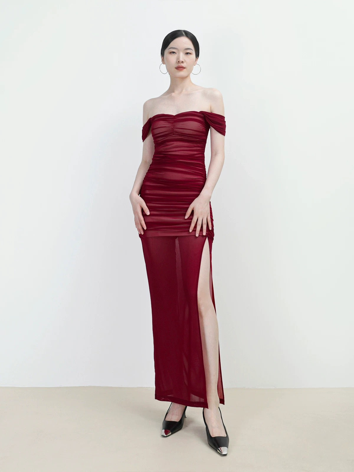 Off Shoulder Gathered Slit Gown in Red