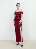 Load image into Gallery viewer, Off Shoulder Gathered Slit Gown in Red
