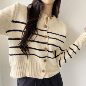 Korean Woolly Striped Cardigan in Cream/Black