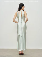 Load image into Gallery viewer, Satin Drop Back Tie Halter Dress in Green
