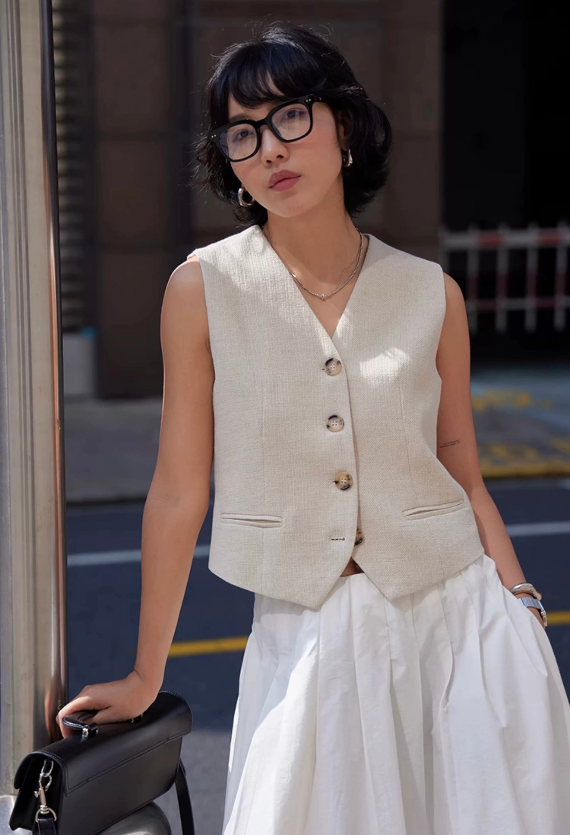 Textured Linen Vest in Cream