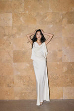 Load image into Gallery viewer, Satin Asymmetric Drape Top // Maxi Slip Skirt Set in Cream
