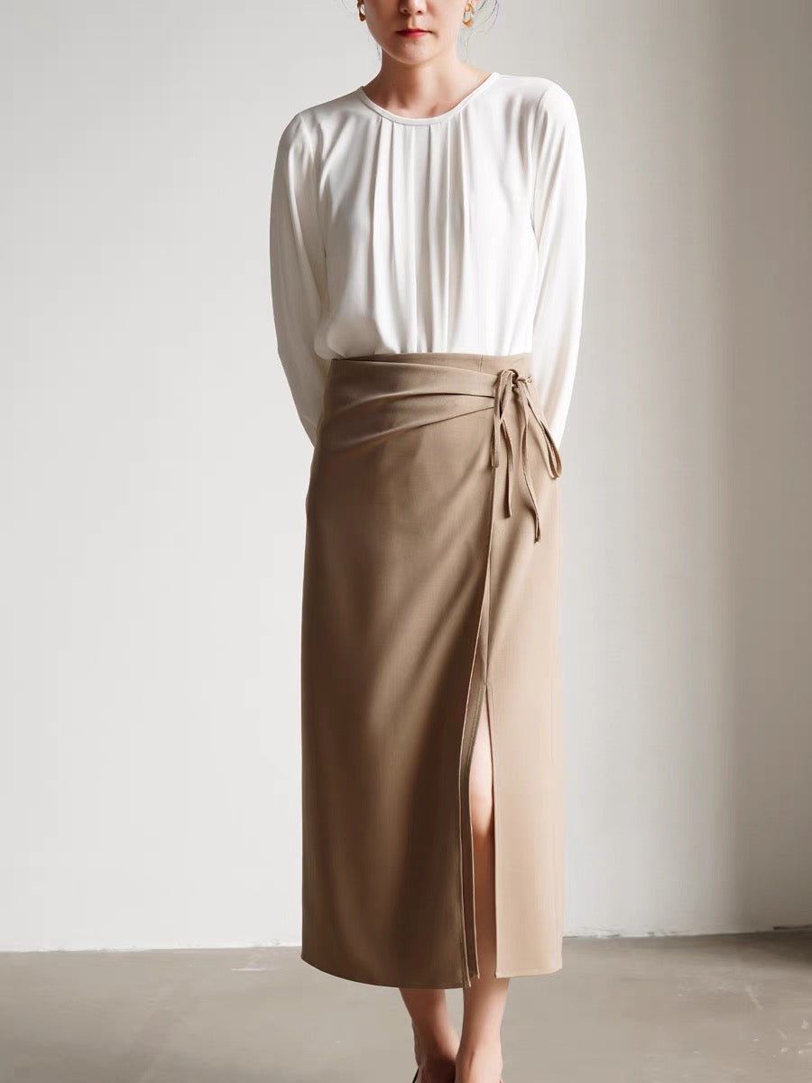 Midi Wrap Tie Slit Skirt in Tan