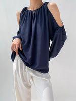Load image into Gallery viewer, Shoulder Cutout Satin Top in Navy
