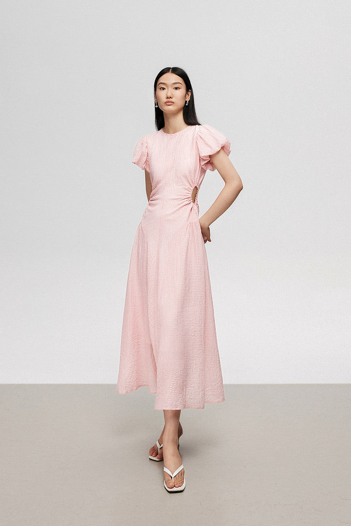 Tencel Puff Sleeve Cutout Dress in Pink