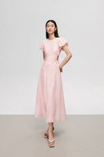 Load image into Gallery viewer, Tencel Puff Sleeve Cutout Dress in Pink
