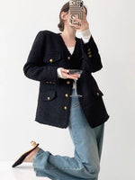 Load image into Gallery viewer, Long Tweed Button Jacket in Black
