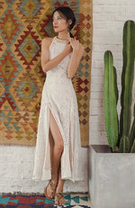 Load image into Gallery viewer, Cutout Back Lace Slit Maxi Dress in White
