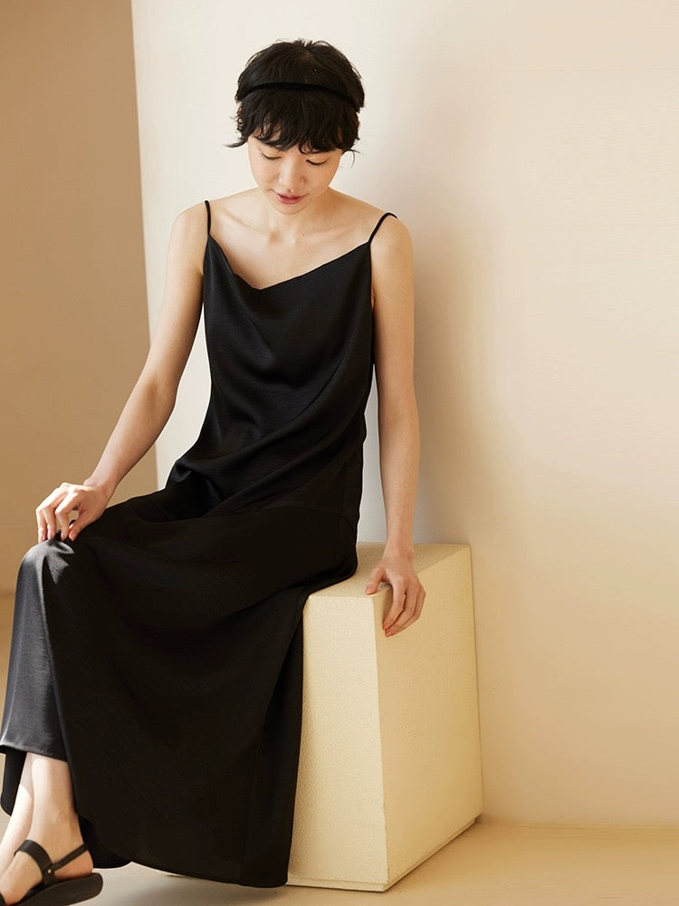 Satin Drape Slip Dress in Black