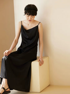 Satin Drape Slip Dress in Black