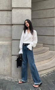 Pleated Trumpet Sleeve Blouse in White