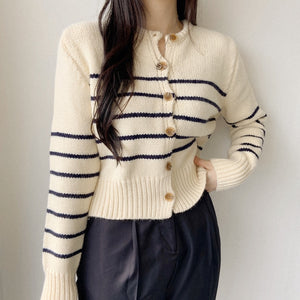 [KR] Woolly Striped Cardigan in Cream/Black