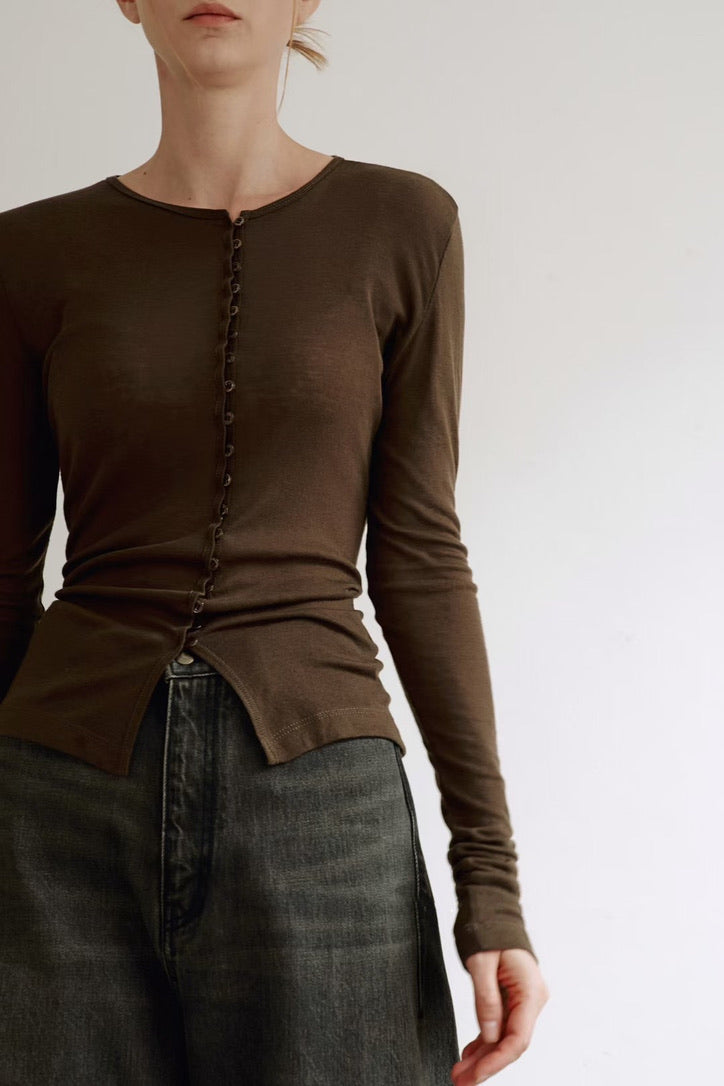 Korean Magie Tencel Blend Stretch Button Top in Brown
