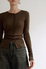 Load image into Gallery viewer, Korean Magie Tencel Blend Stretch Button Top in Brown
