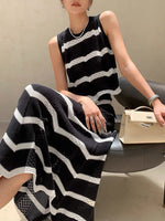 Load image into Gallery viewer, Striped Pleated Knit Sleeveless Top in Navy
